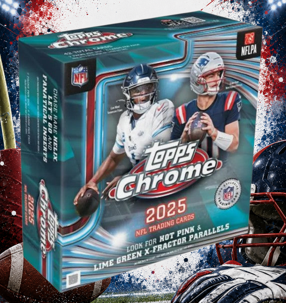 Holzwurm Creativ 2025 Topps Chrome NFL Football Mega Box mit glänzenden Trading Cards und NFL-Spieler-Motiven