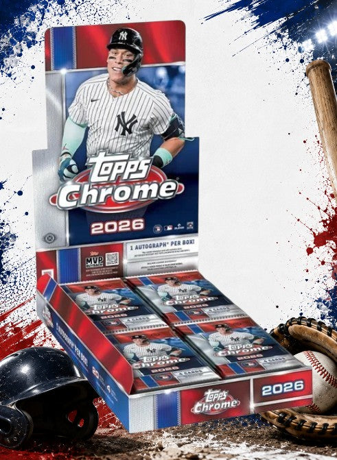 Holzwurm Creativ 2026 Topps Chrome Baseball Hobby Box mit versiegelten Kartenpackungen und Autogramm-Garantie