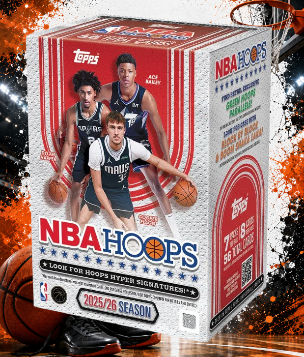Holzwurm Creativ 2025-26 Topps NBA Hoops Value Box mit 56 Sammelkarten und exklusiven Green Parallels